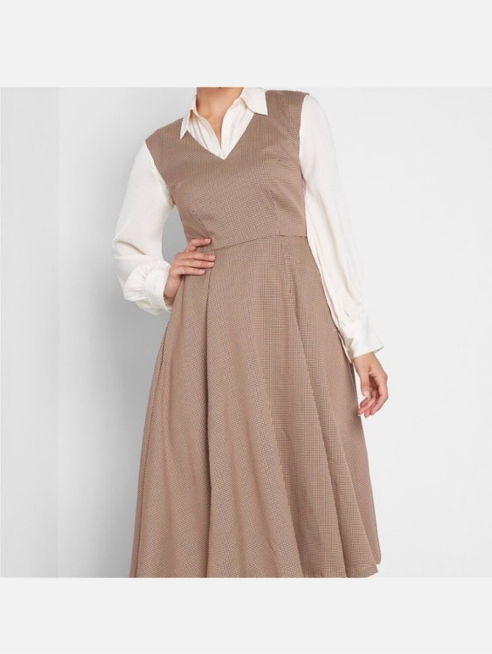 Modcloth-Houndstooth Decision Maker- Tan, Orange and Black V‑Neck Midi Dress